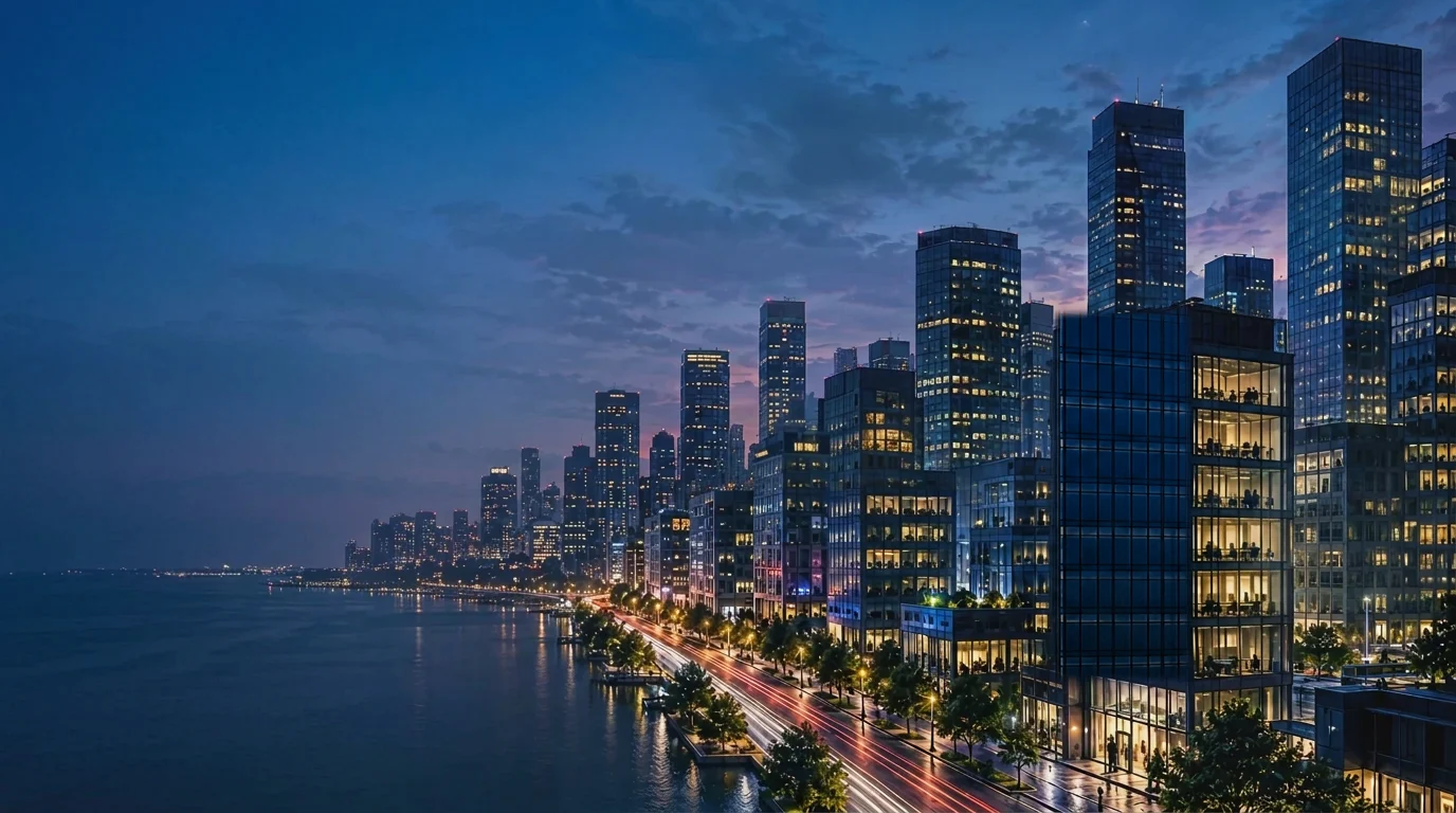 Modern commercial district illuminated at blue hour